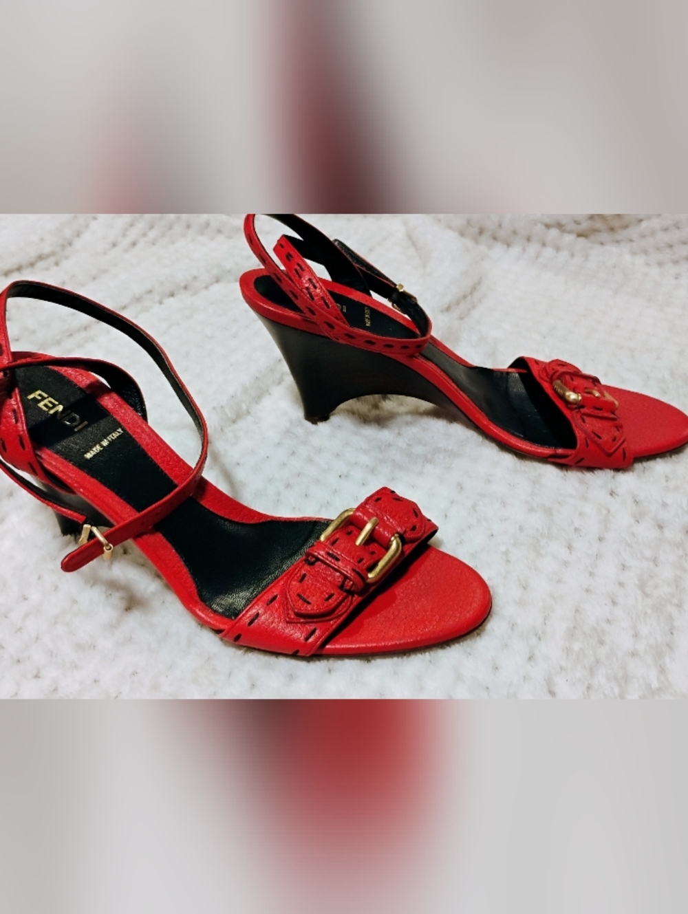 Fendi Red Leather Open Toe Ankle Strap Heels with Gold Buckle Medium Heel - Picture 2 of 5